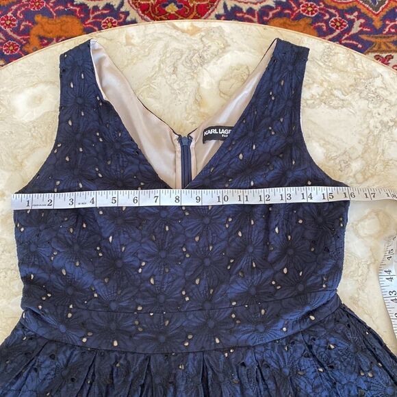 Karl Lagerfeld Navy Blue Cotton Eyelet Sleeveless V-Neck Summer Mini Dress - Picture 12 of 16